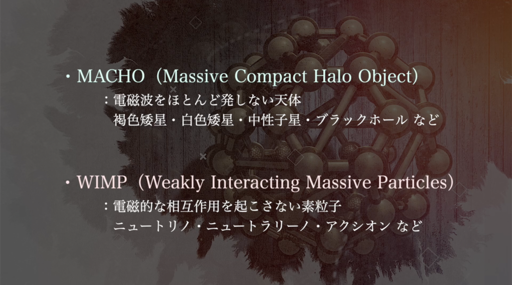 ・MACHO（Massive Compact Halo Object）
：電磁波をほとんど発しない天体
　褐色矮星・白色矮星・中性子星・ブラックホール
・WIMP（Weakly Interacting Massive Particles）
：電磁的な相互作用を起こさない素粒子
　ニュートリノ・ニュートラリーノ・アクシオン等