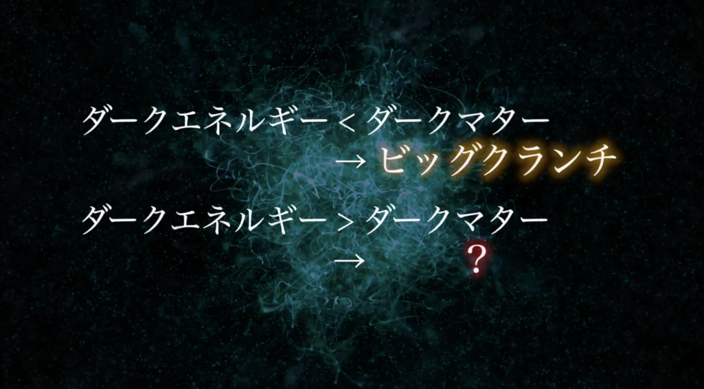 ダークエネルギー < ダークマター　→ ビッグクランチ ダークエネルギー > ダークマター　→ ？
