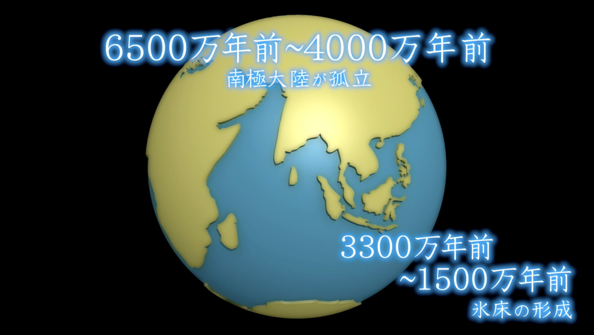 5億5000万年前 ゴンドワナ大陸 誕生 2億9000万年前 パンゲア大陸 誕生　 ※ゴンドワナ大陸はパンゲア大陸の一部として存在 2億5000万年前 分裂開始 1億8000万年前 パンゲア大陸は再びローラシア大陸とゴンドワナ大陸に分裂 ゴンドワナ大陸は、西と東（南極＆オーストラリア&インド）へ分裂 3300万年前 南極に氷床が出来始める